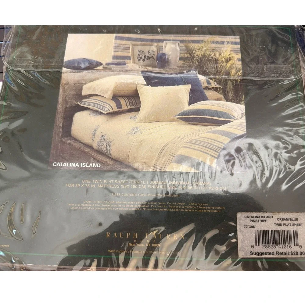 Vintage Ralph Lauren Twin Flat Sheet Catalina Island Pinstripe Coastal Nautical
